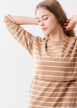 棉質條紋寬鬆孕哺居家洋裝 - 卡其